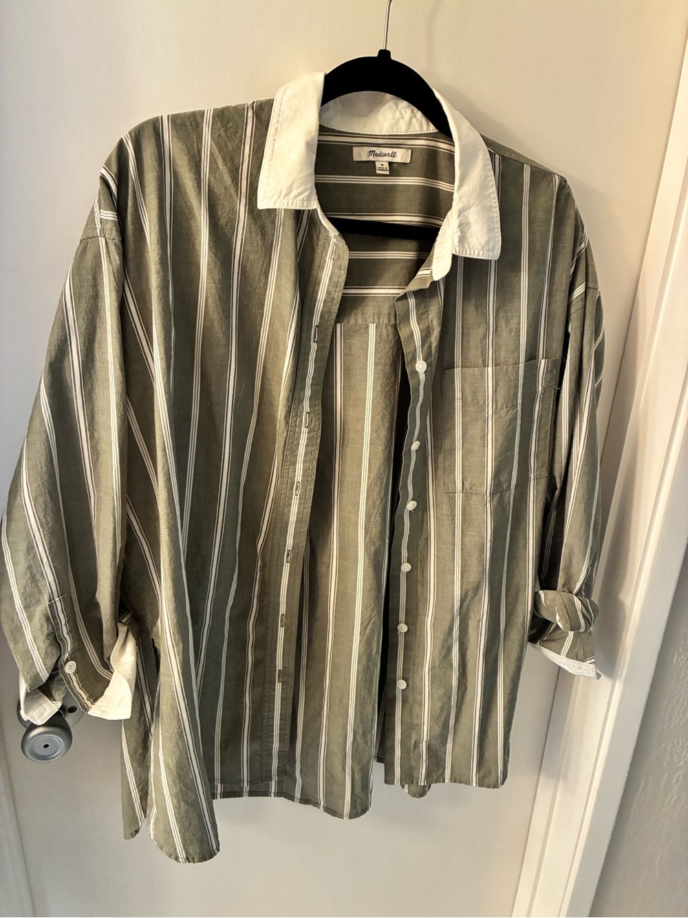 Madewell Olive and White Striped Button-Down Shirt